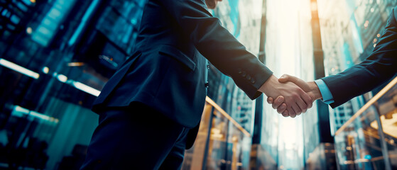 Poster - Two persons in business suits shaking hands, urban background, concept of partnership. Generative AI
