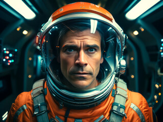 Aufkleber - An astronaut in an orange spacesuit inside a spacecraft, realistic style, against a technological background, concept of space exploration. Generative AI