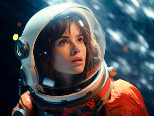 Aufkleber - A portrait of a person in a space helmet and suit against a starry background, evoking the concept of exploration. Generative AI