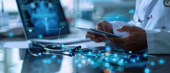 Doctor using a tablet for patient data management with a futuristic digital interface overlay in a healthcare environment.