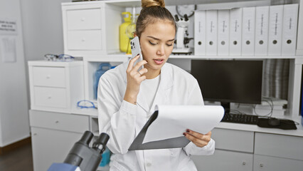 Canvas Print - Busy day in the lab, young, beautiful hispanic woman scientist, nose deep in a document, engages in an important phone conversation over her smartphone amidst the buzz of research and science.