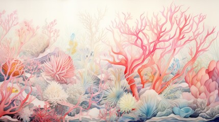 Wall Mural - A painting of a coral reef with pink and blue coral