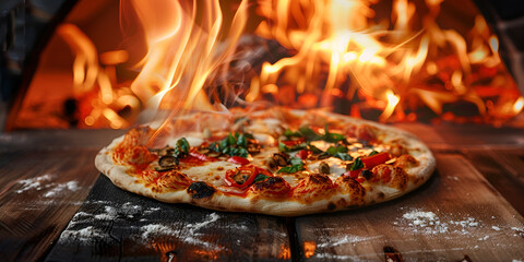 Wall Mural -  a close-up view of a pizza cooking on an open fire.