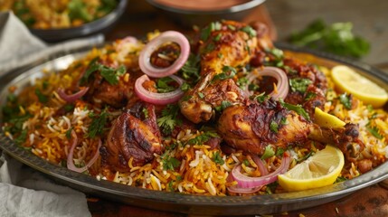 Wall Mural - A platter of colorful and aromatic biryani rice topped with tender pieces of succulent chicken, garnished with fried onions, fresh herbs, and lemon wedges, a beloved Indian rice dish