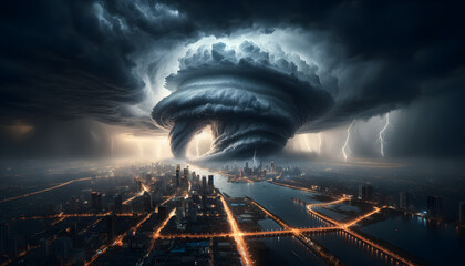 Wall Mural - powerful storm forming over a large city. Dark, swirling storm clouds dominate the sky, creating a dramatic contrast with the illuminated cityscape below.