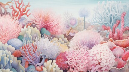 Wall Mural - A painting of a coral reef with many different types of pink