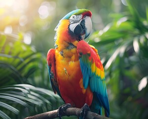 Wall Mural - Vibrant Macaw Parrot Perched on Tropical Rainforest Tree Branch with Lush Foliage