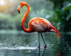 Canvas Print - Elegant Flamingo Standing on One Leg in a Shallow Lagoon with Vibrant Reflections