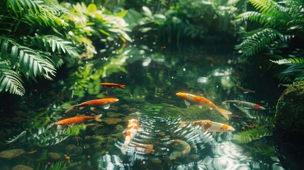 Wall Mural - A tranquil pond surrounded by lush greenery, with colorful koi fish swimming lazily in the water. 8k, full ultra HD, high resolution, cinematic photography