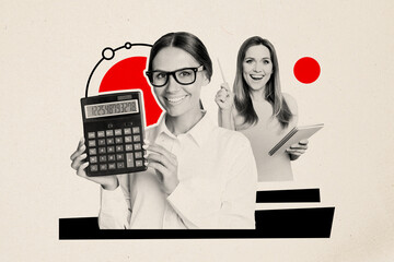 Poster - Composite collage image of female entrepreneur hold calculator numbers financier partners teamwork fantasy billboard comics zine minimal