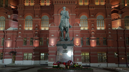 Poster - The monument to Marshal Zhukov near the Historical Museum at night timelapse hyperlapse. Moscow, Russia