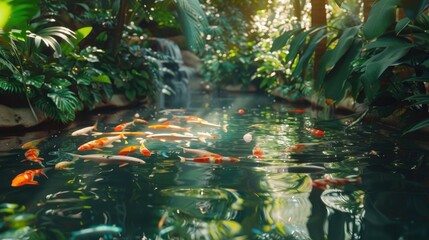 Wall Mural - A tranquil pond surrounded by lush greenery, with colorful koi fish swimming lazily in the water. 8k, full ultra HD, high resolution, cinematic photography