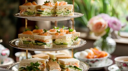 Fototapete - A platter of mini tea sandwiches featuring cucumber, egg salad, and smoked salmon, elegantly displayed on a tiered serving tray for a high tea gathering
