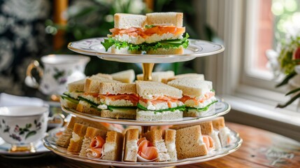 Fototapete - A platter of mini tea sandwiches featuring cucumber, egg salad, and smoked salmon, elegantly displayed on a tiered serving tray for a high tea gathering