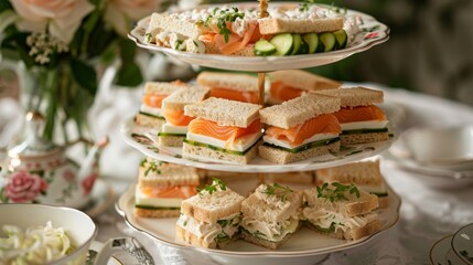 Fototapete - A platter of mini tea sandwiches featuring cucumber, egg salad, and smoked salmon, elegantly displayed on a tiered serving tray for a high tea gathering