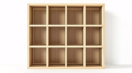 Sticker - Empty wooden square shelf with twelve compartments against a white background, ideal for organization and storage solutions.