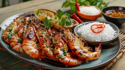 Wall Mural - A platter of spicy grilled river prawns served with fragrant jasmine rice, a classic Thai seafood dish bursting with bold flavors