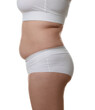 © New Africa - Woman with excessive belly fat on white background, closeup. Overweight problem