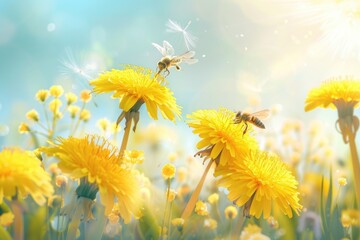 Poster - A close-up shot of yellow flowers with a busy bee flying nearby, great for backgrounds or adding some natural beauty to your design