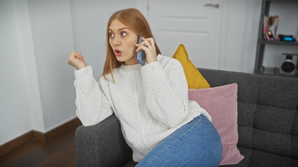 Poster - A surprised young woman talks on the phone in a cozy living room, adding life to a modern interior.