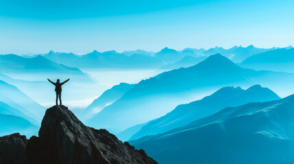 Poster - Person stands triumphant on a mountain peak with raised arms, layered mountain range background, concept of achievement, Generative AI. Generative AI
