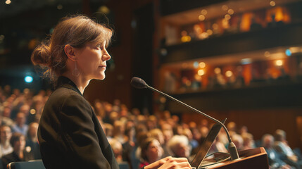 Poster - A woman speaking at a podium in an auditorium, with an audience in soft focus in the background, concept of public speaking. Generative AI
