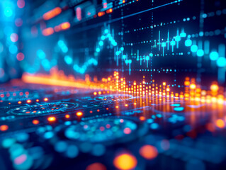 Aufkleber - Abstract financial chart with candlestick graph on a blue and orange illuminated background, concept of market analysis. Generative AI