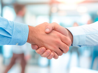 Aufkleber - Two people shaking hands, close-up view, with an office background, conveys a concept of agreement or partnership. Generative AI