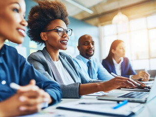 Aufkleber - A diverse team in a business meeting, smiling and engaged in discussion, in a bright office setting, concept of teamwork. Generative AI