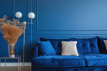 Canvas Print - Chic blue living room featuring a luxurious velvet couch and modern decor accents