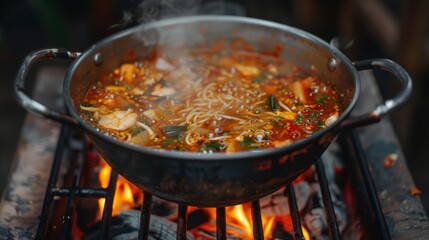 Wall Mural - A pot of tom yum soup simmering over a charcoal grill, with flames licking the sides and infusing the broth with smoky flavors, creating an irresistible aroma