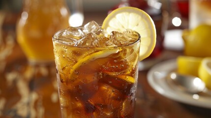 Poster - A refreshing glass of iced tea garnished with lemon slices and served with a side of sweet tea, a quintessential beverage choice enjoyed throughout the United States