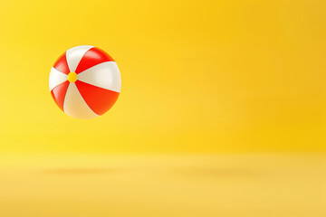 Single red and white beach ball floating over yellow background