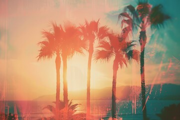 Wall Mural - A double exposure of palm trees and the ocean, with an orange gradient background