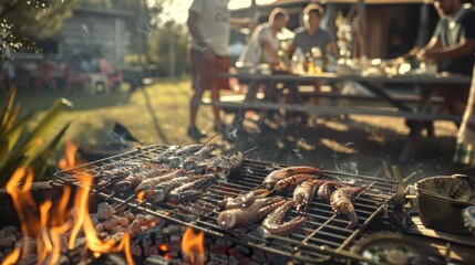 Wall Mural - A rustic outdoor barbecue scene with squid grilling over hot coals, surrounded by friends and family enjoying a summertime feast