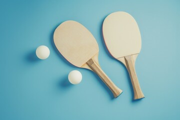 Wall Mural - Two ping pong paddles and two balls on a blue surface, great for sports or game-themed illustrations