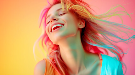 Poster - A joyful woman with colorful hair on a vibrant pink and orange background, creativity concept. Generative AI