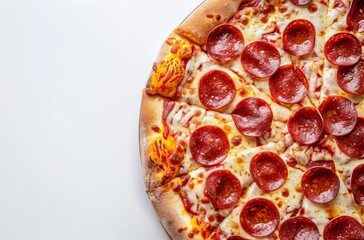 Wall Mural - Top-down view of a delicious pepperoni salami pizza sliced into pieces, isolated on a white background with copy space for text