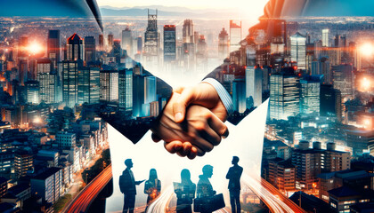 Wall Mural - A double exposure image of a handshake and businesspeople over a cityscape background, signifying business connections. Generative AI