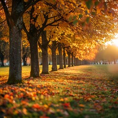 Poster - Vibrant Autumn Foliage Lining a Scenic Path at Golden Hour in a Peaceful Park