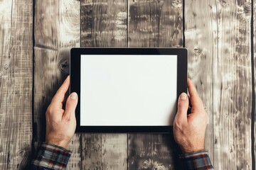 A person holds a tablet with a blank screen, ready for use