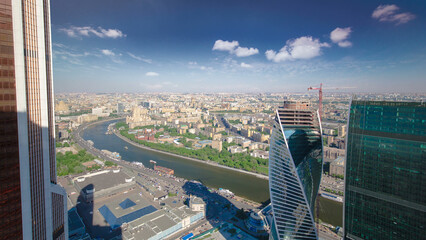 Wall Mural - Panoramic aerial view of the buildings from the rooftop of Moscow International Business Center skyscraper timelapse, Russia