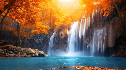 Poster - Breathtaking Autumn Waterfall in Vibrant Forest Landscape