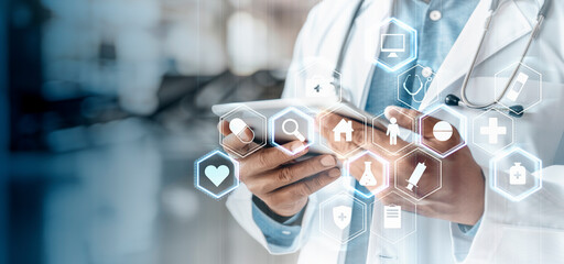 Aufkleber - A medical professional interacts with futuristic healthcare icons, on a blurred clinical background, symbolizing telemedicine. Generative AI