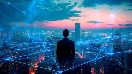Poster - A man overlooking a cityscape with digital connections overlay, at sunset, concept of network and data analytics. Generative AI