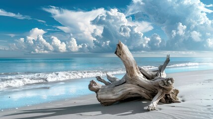 Lone driftwood resting on a deserted beach, adding a touch of rustic charm to the coastal scenery