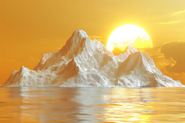 Wall Mural - A landscape scene with mountains and a sun, formed from sand on a yellow background,