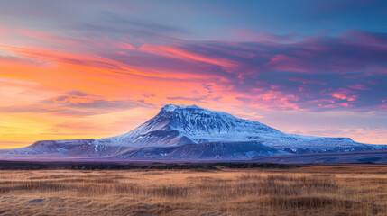 Wall Mural - Majestic mountain with a vibrant sunset sky and snowy peaks