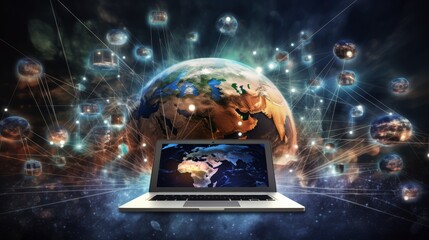 Poster - A network of interconnected computers and devices around the world, representing the digital revolution and globalization.