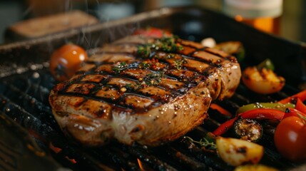 Wall Mural - A sizzling pork steak fresh off the grill, adorned with grill marks and served with a side of roasted vegetables, enticing viewers with its juicy perfection